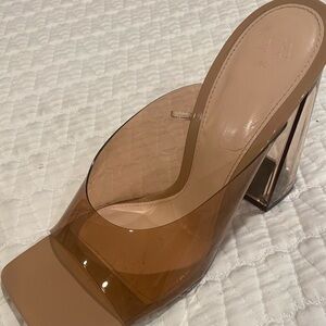 Clear Tan Block Heel Slide Mule -